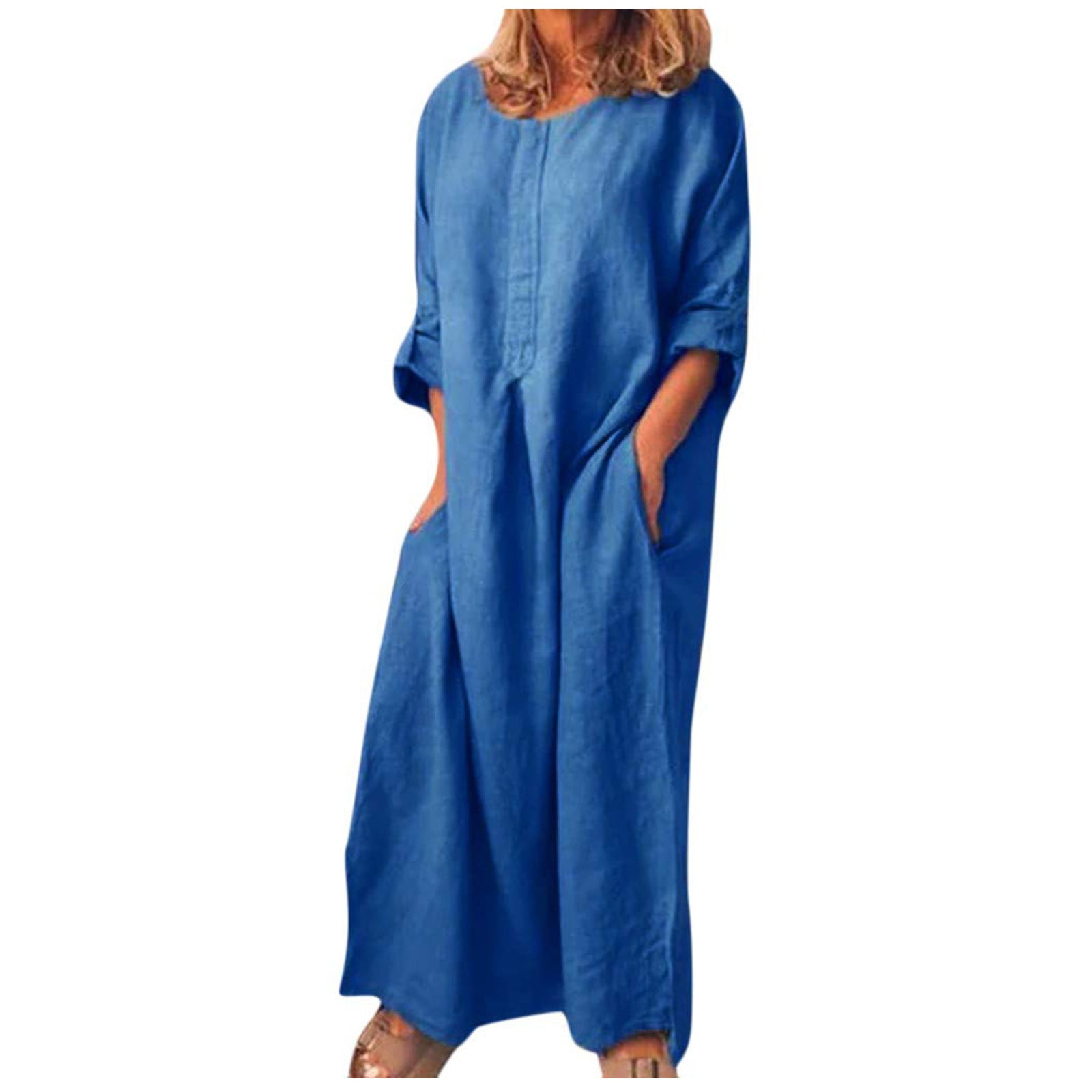 Long Cotton And Linen Print, V-Neck, Simple Loose Plus-Size Dress