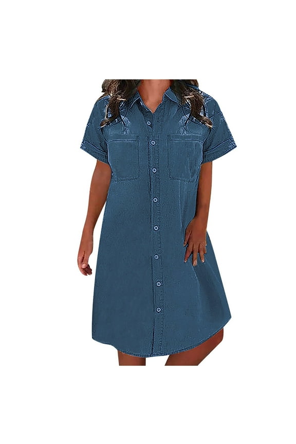 Women's Plus Size Summer Dress Solid Color Casual Denim Dress Short Casual Denim Dress Sun Dresses 2024 Blue 4XL
