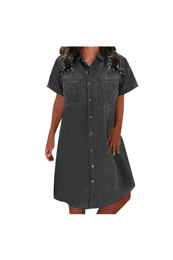 Women's Plus Size Summer Dress Solid Color Casual Denim Dress Short Casual Denim Dress Sun Dresses 2024 Gray 2XL