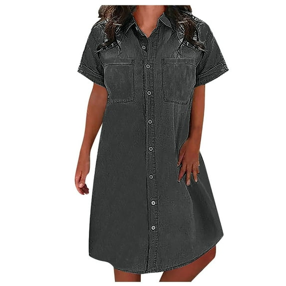 SnnmBlm Women's Plus Size Summer Dress Solid Color Casual Denim Dress Short Casual Denim Dress Sun Dresses 2024 Gray M