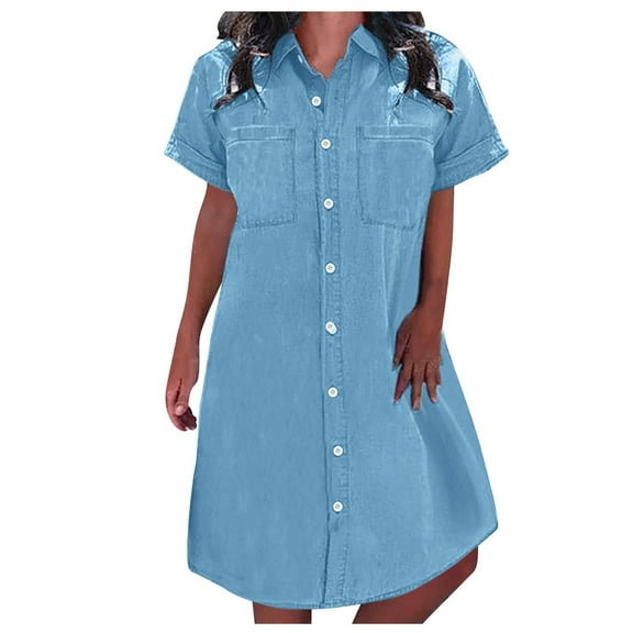 SnnmBlm Women's Plus Size Summer Dress Solid Color Casual Denim Dress Short Casual Denim Dress Sun Dresses 2024 Light Blue 3XL