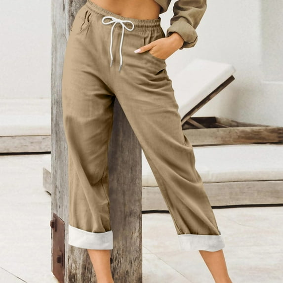 SnnmBlm Women's Pull On Solid Color Jeans Drawstring Elastic Waist Denim Stretch Joggers for Women Khaki M