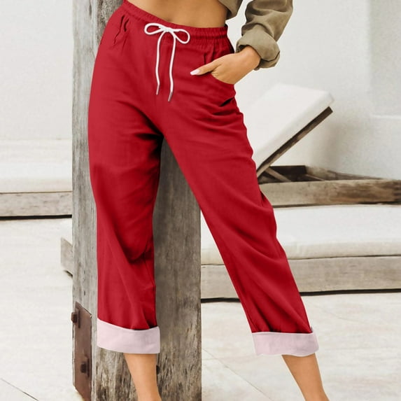 SnnmBlm Women's Pull On Solid Color Jeans Drawstring Elastic Waist Denim Stretch Joggers for Women Red 2XL