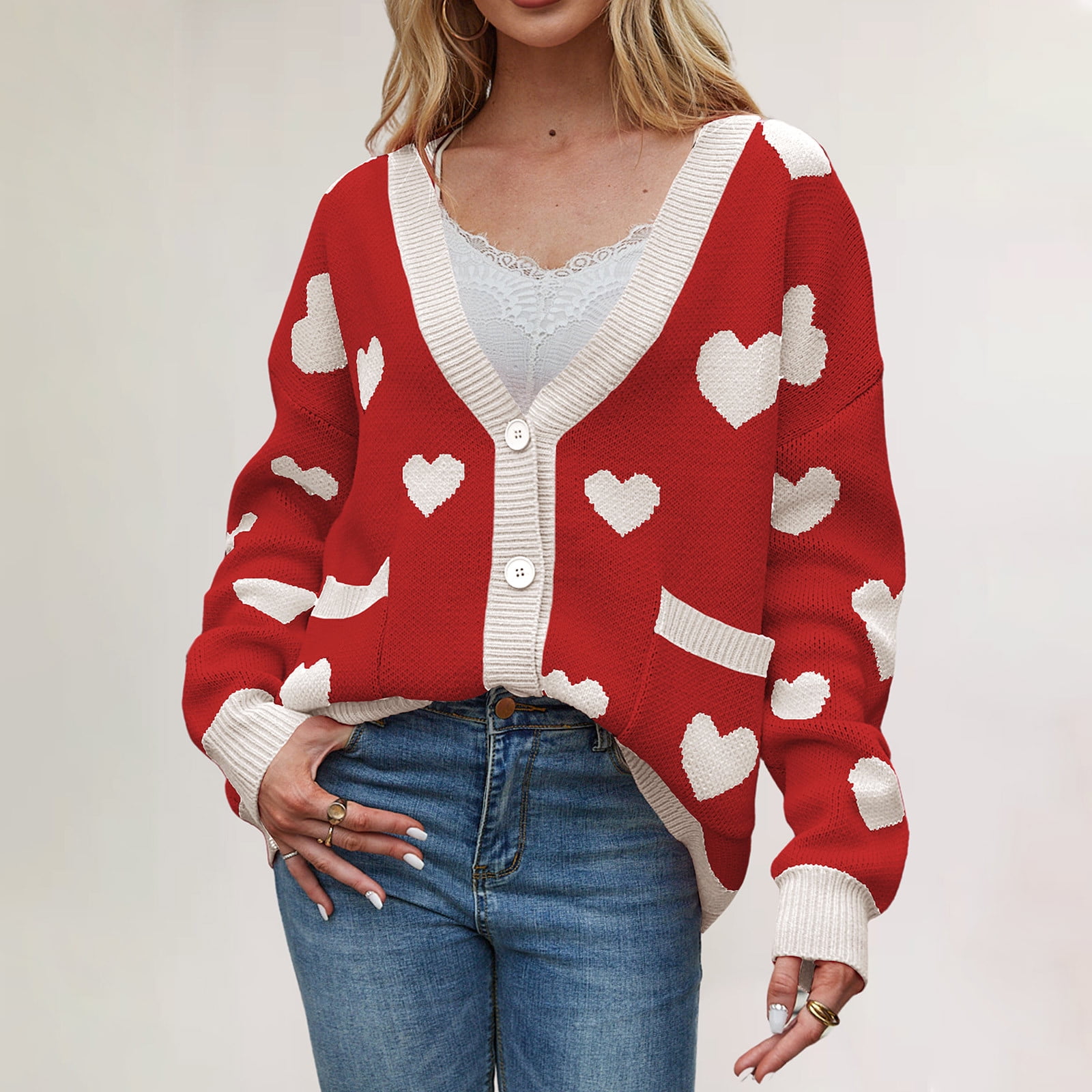 SnnmBlm Women's Red/Ivory Soft Heart Cropped Knit Cardigan Red L