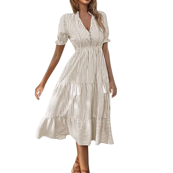 SnnmBlm Women's Summer Ruffle Puff Sleeve Dress Short Sleeve V Neck High Waist Casual Loose Striped Midi Dresses Beige M