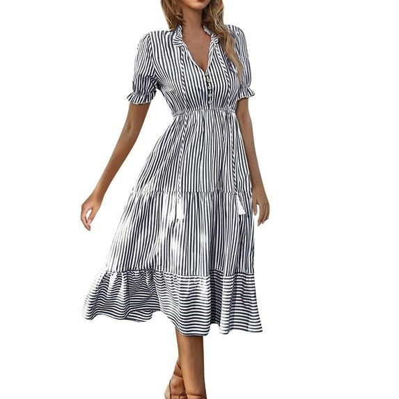 SnnmBlm Women's Summer Ruffle Puff Sleeve Dress Short Sleeve V Neck High Waist Casual Loose Striped Midi Dresses Gray L