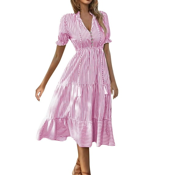 SnnmBlm Women's Summer Ruffle Puff Sleeve Dress Short Sleeve V Neck High Waist Casual Loose Striped Midi Dresses Pink S