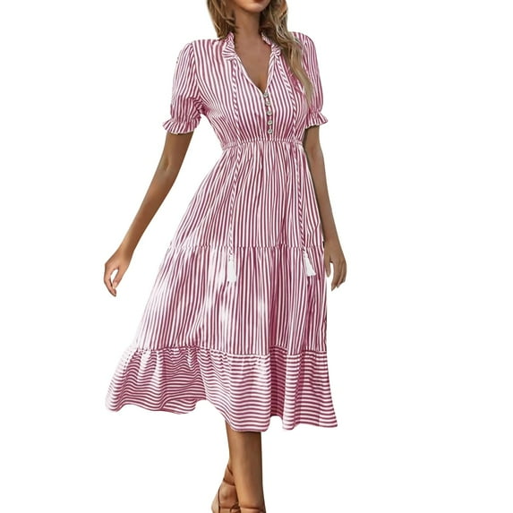 SnnmBlm Women's Summer Ruffle Puff Sleeve Dress Short Sleeve V Neck High Waist Casual Loose Striped Midi Dresses Red XL