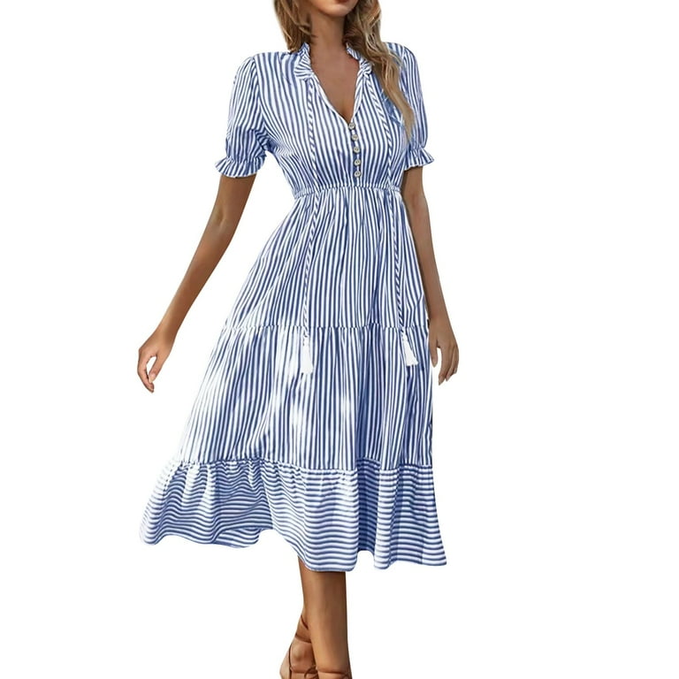 SnnmBlm Women's Summer Ruffle Puff Sleeve Dress Short Sleeve V