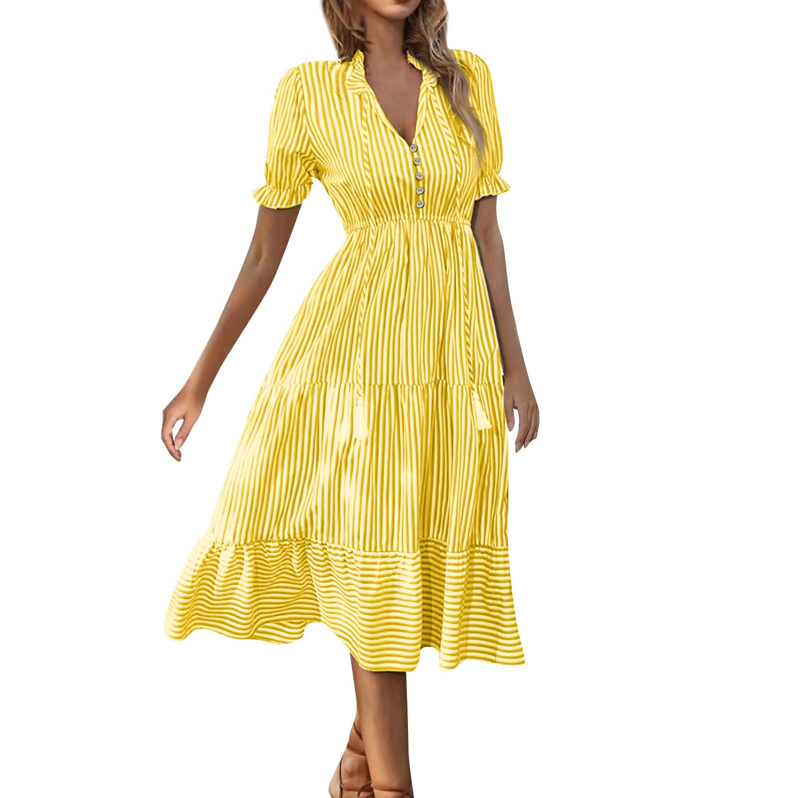 SnnmBlm Women's Summer Ruffle Puff Sleeve Dress Short Sleeve V Neck High  Waist Casual Loose Striped Midi Dresses Yellow L - Walmart.com