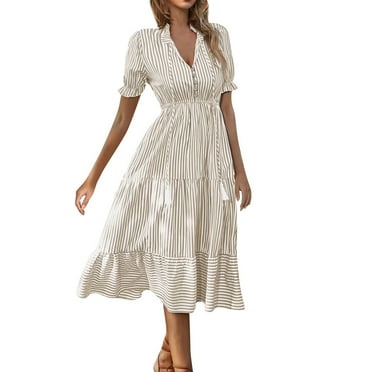 SnnmBlm Women's V Neck Stripe High Waist Puff Long Sleeve Tiered Ruffle Hem Swing Midi Dress Beige 2XL