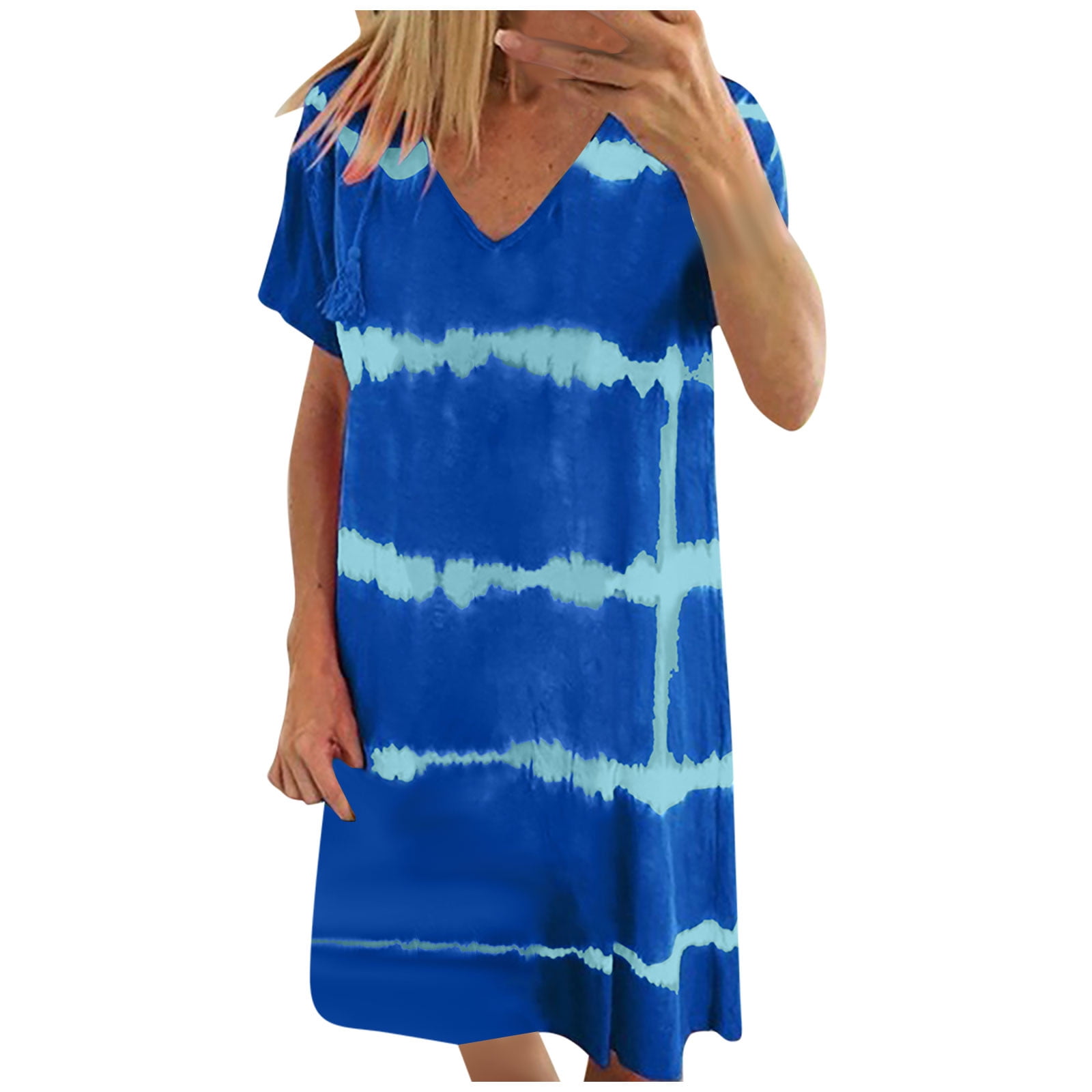 SnnmBlm Women's Vestidos para Mujer Casuales Y Elegantes Pullover V-Neck Fashion Tie Dyed Short Sleeve Knee Dress Blue 2XL