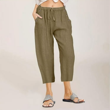 SnnmBlm Womens Capri Pants Length 2024 Summer Linen Drawstring Elastic Waist Cropped Trousers Straight Leg Capris Brown M