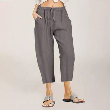 SnnmBlm Womens Capri Pants Length 2024 Summer Linen Drawstring Elastic Waist Cropped Trousers Straight Leg Capris Gray 2XL