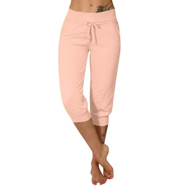 SnnmBlm Womens Capri Yoga Pants Loose Drawstring Pajama Pants Lounge Joggers Pants with Pockets Pink 2XL