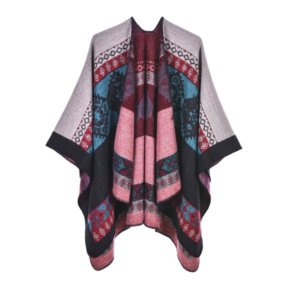 SnnmBlm Womens Color Block Shawl Wrap Plus Size Cardigan Poncho Cape Open Front Long Winter Sweater Coat Pink One Size
