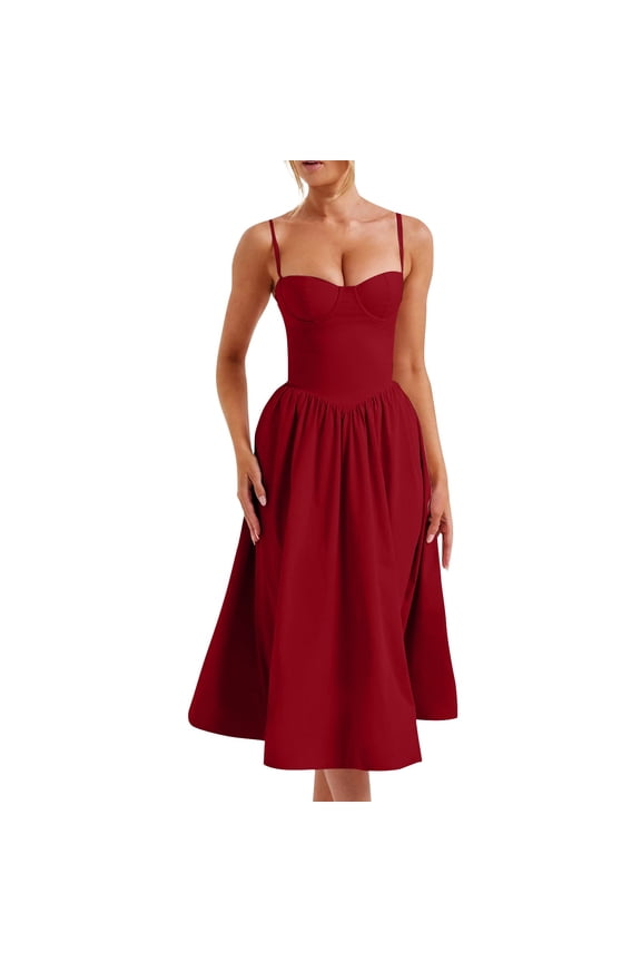 Womens Corset Dress Elegant Spaghetti Strap Bustier Midi Dress Low Cut Flowy Pleated Hem Formal Dresses Wine S