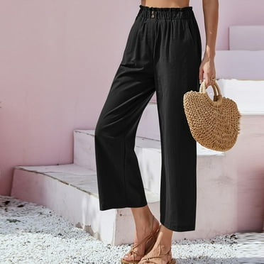 SnnmBlm Womens Linen Palazzo Pants Summer Casual Boho High Waist Wide Leg Lounge Beach Cropped Pants Trousers with Pockets Black L