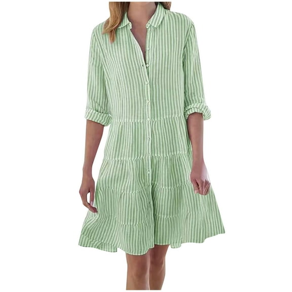 SnnmBlm Women Striped Shirt Dress Roll Up Sleeve Button Down Long Sleeve Casual Loose Dresses High Waist A Line Swing Dress Green L