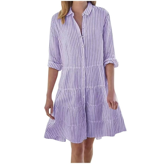 SnnmBlm Womens Striped Button Down Midi Shirt Dress Casual Loose Cuffed Long Sleeve Mid Long Dresses Purple L