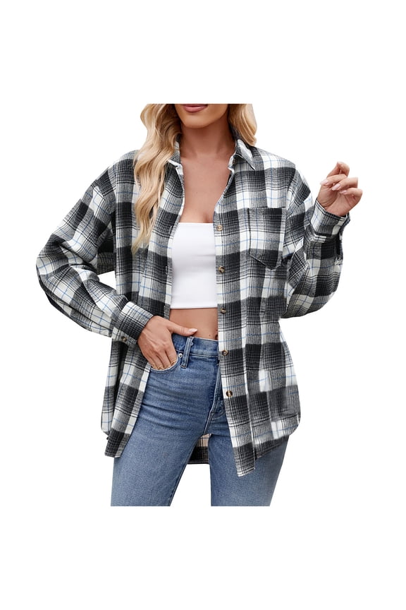 Button Down Shirt Women Casual Lapel Button Pocket Plaid Long Sleeved Shirt Top Jacket S-2XL