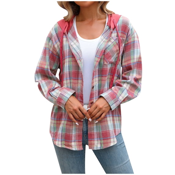 Snoarin Button Down Shirt Women Fashion Loose Fitting Long Sleeved Plaid Cardigan Hooded Top Cardigan Shirt S-2XL