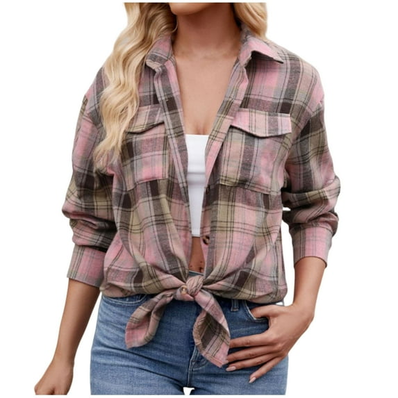 Snoarin Button-Up Shirts for Women Casual Lapel Button Pocket Plaid Long Sleeved Shirt Top Jacket S-2XL