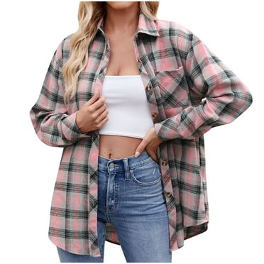 Snoarin Button-Up Shirts for Women Casual Lapel Button Pocket Plaid Long Sleeved Shirt Top Jacket S-2XL