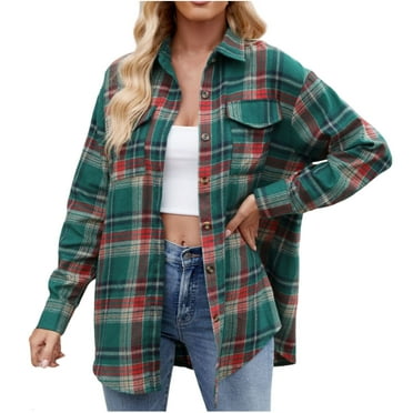 Snoarin Shirts for Women Casual Lapel Button Pocket Plaid Long Sleeved Shirt Top Jacket S-2XL