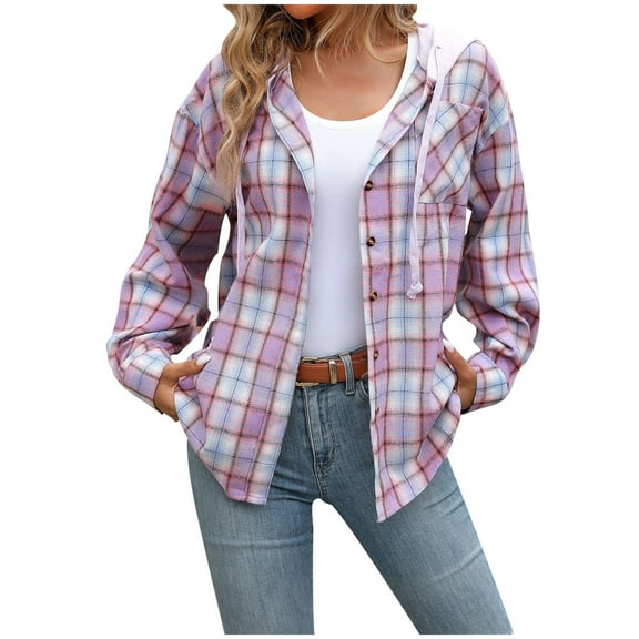 Snoarin Shirts for Women Fashion Loose Fitting Long Sleeved Plaid Cardigan Hooded Top Cardigan Shirt S-2XL