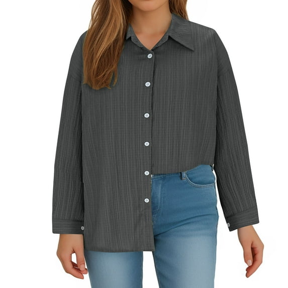 Snoarin Shirts for Women Oversized Solid Color Long Sleeved Button Up Shirt and Adjustable Sleeve Top Pleated Pattern Casual Shirt XL-5XL