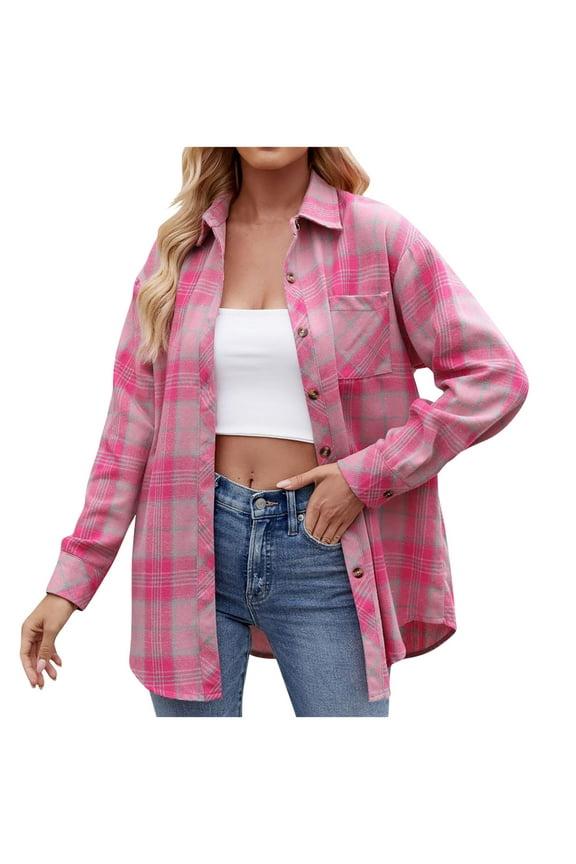 Women Shirts Casual Lapel Button Pocket Plaid Long Sleeved Shirt Top Jacket S-2XL