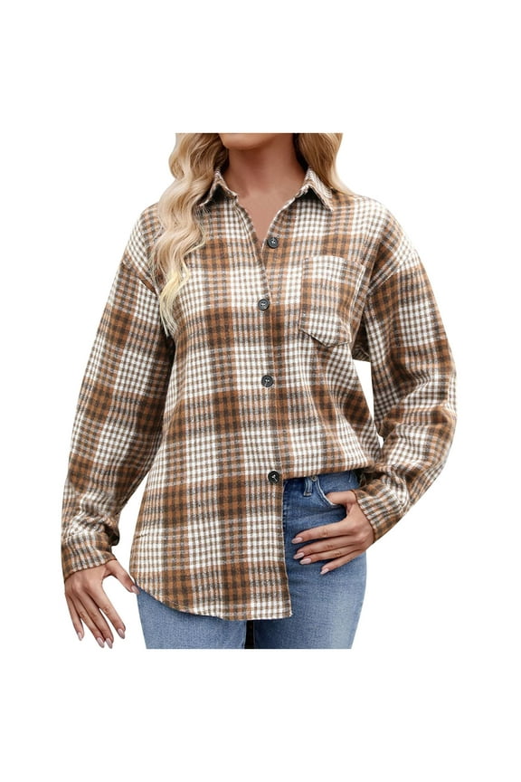 Women Shirts Casual Lapel Button Pocket Plaid Long Sleeved Shirt Top Jacket S-2XL
