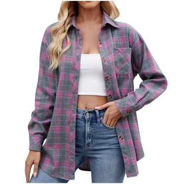 Snoarin Womens Shirts Casual Lapel Button Pocket Plaid Long Sleeved Shirt Top Jacket S-2XL