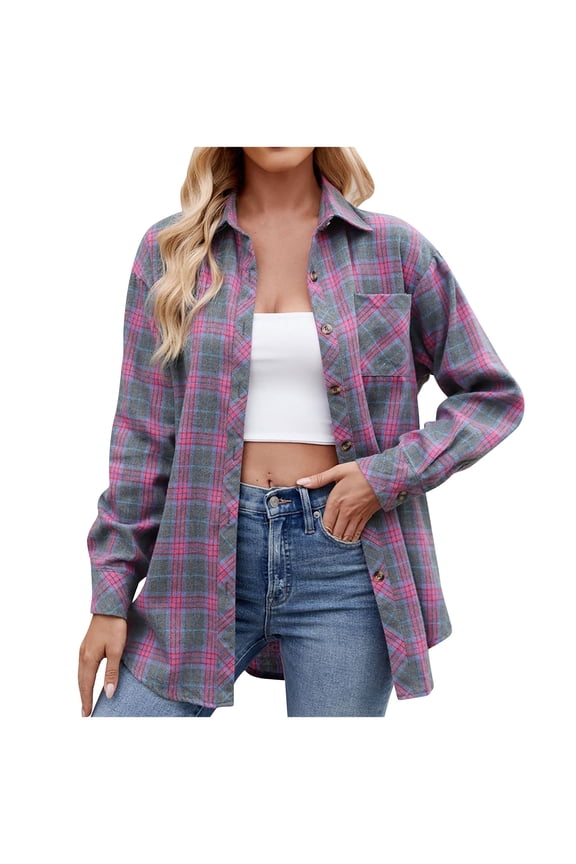 Womens Shirts Casual Lapel Button Pocket Plaid Long Sleeved Shirt Top Jacket S-2XL