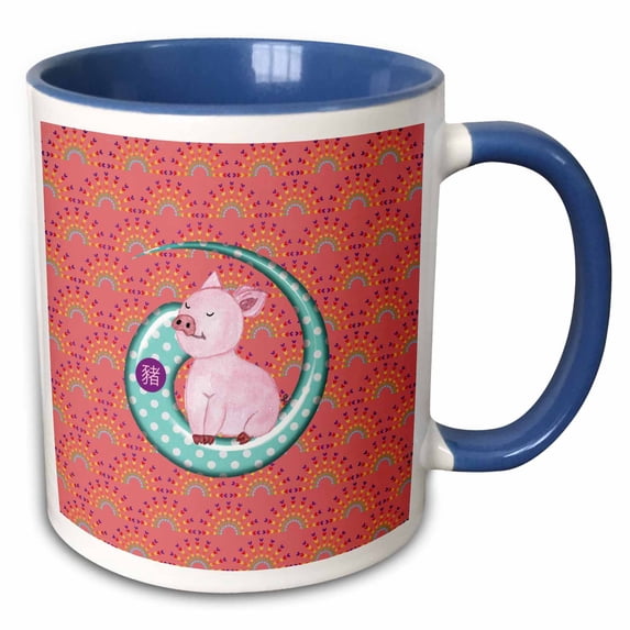 3drose, Snobby Pink Pig on Dotted Curl, Sign of the Pig, Heart Arch Print, 11oz Two-tone Blue Mug