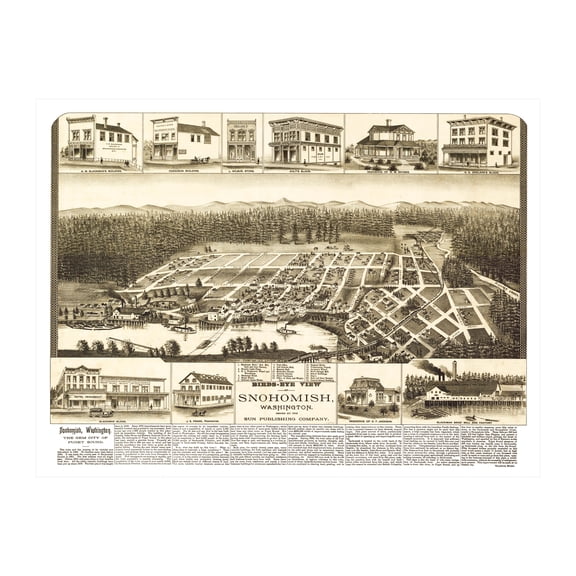 Snohomish Art, 1890 Vintage Map of Snohomish Washington, WA History Wall Decor Gift, Old Snohomish Map - 24" x 18" Unframed Print