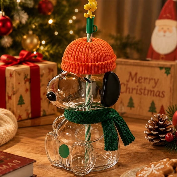 Snoo-py Cartoon Clear Glass Cup with Straw, 20oz Tumbler Removable Knit Beanie & Scarf, Christmas Gifts Novelty Drinkware for Iced Drinks
