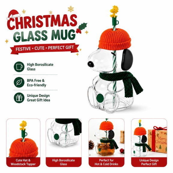 Snoo.py Inspired Cartoon Dog Glass Cup with Straw, Knitted Beanie Hat and Scarf Decor, 20 oz Clear Tumbler for Juice Milk Tea Smoothies Water Halloween and Christmas Gifts