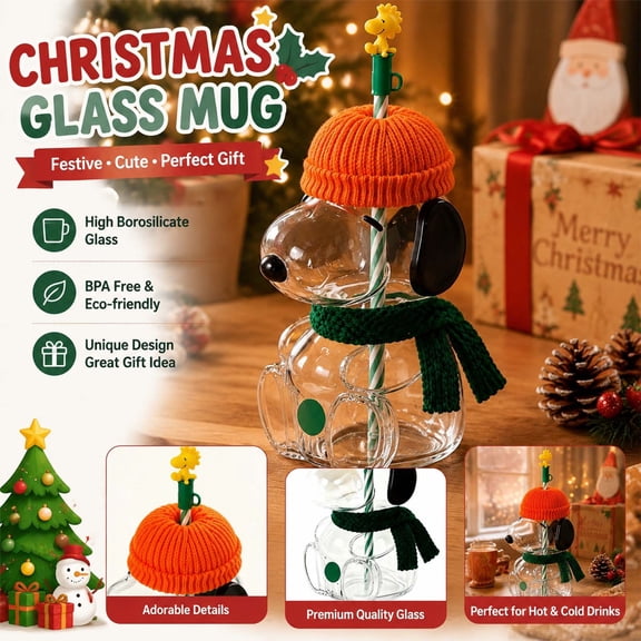 Snoo.py Inspired Cartoon Dog Glass Cup with Straw, Knitted Beanie Hat and Scarf Decor, 20oz Novelty Drinking Cup for Juice Milk Tea Smoothies Water Halloween and Christmas Gifts
