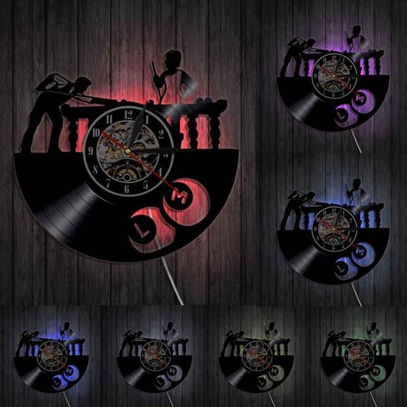 Snooker Theme Vinyl Record Silent Wall Clock Creative Decorative Wall Art Sport Theme Mute Wall Time Watch Modern Home Decor With LED