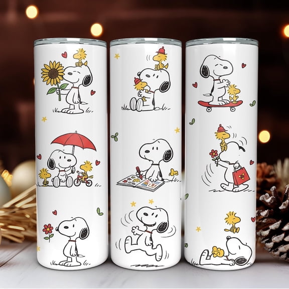 Snoope Cute Dog Tumbler Wrap PNG, Friendship Dog & Bird 20oz Skinny, Cartoon Love Scenes Sublimation PNG