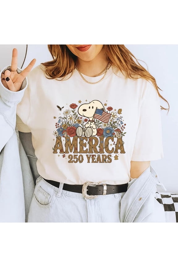 Snoopy America 250 Years Shirt, Patriotic Dog with USA Flag Floral Boho Tee
