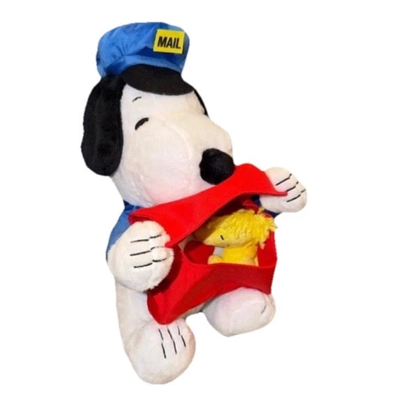 Snoopy Animated Valentines Plush Stuffed Animal Dressed as Mail Man with Woodstock