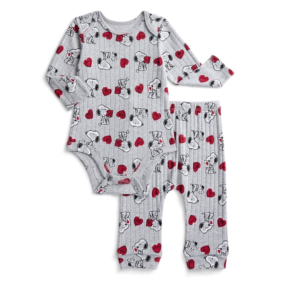Peanuts Snoopy Baby Girls Valentine's Day Long Sleeve Bodysuit with Matching Joggers, 2-Piece Set, Sizes Newborn-12M