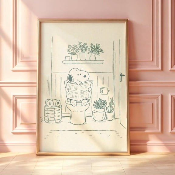 Snoopy Bathroom Wall Art, Funny Dog Reading Newspaper Poster, Minimalist Line Drawing Print, Cute Toilet Decor, Whimsical Bathroom Gift Unframed Poster