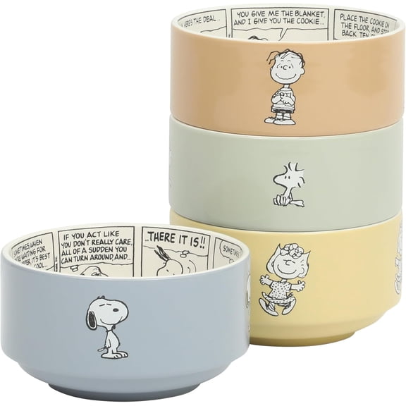 Snoopy Bonbon Bites 4-Piece 5.5-Inch Decorated Stoneware Ceramic Stackable Bowl Set, Microwave & Dishwasher Safe Snack and Dessert Bowls