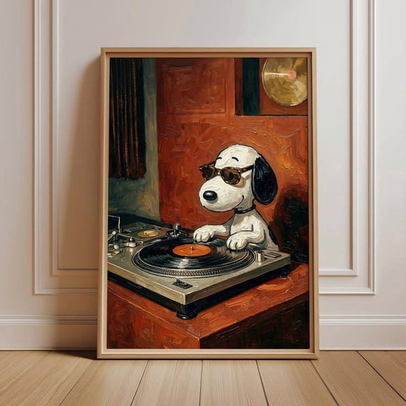 Snoopy DJ Vinyl Poster, Retro Turntable Wall Art, Cool Record Player Print, Home Studio Decor, Listening Room Accent, Gift Size 24x36 Unframed Poster