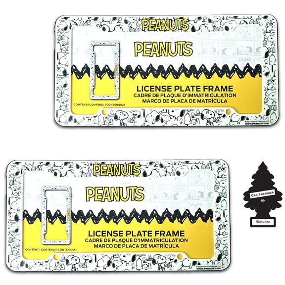 Snoopy Expression License Plate Frame 2 Pack Bundle with Little Tree Air Freshener Plasticolor Peanuts Snoopy Design, Universal Fit Standard Car Plate Frames, Plastic