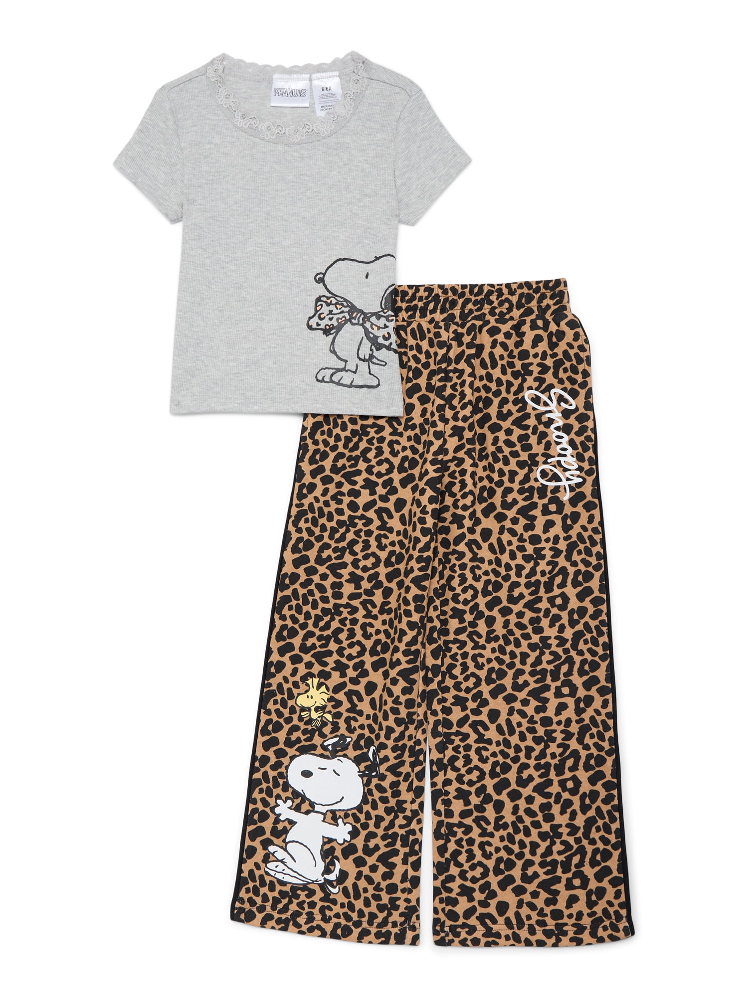 Snoopy Girls Graphic T-Shirt and Wide Leg Fleece Pant Outfit Set, 2-Piece, Sizes 4-16